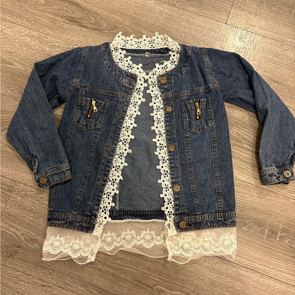 Girls Kids Fashion Jean Jacket Denim Jeans Lace Outwear Cowboy Overcoat